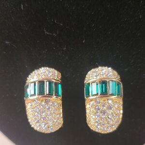 Christian Dior Gold Tone Rhinestone and Green Baguettes Clip-on Earrings